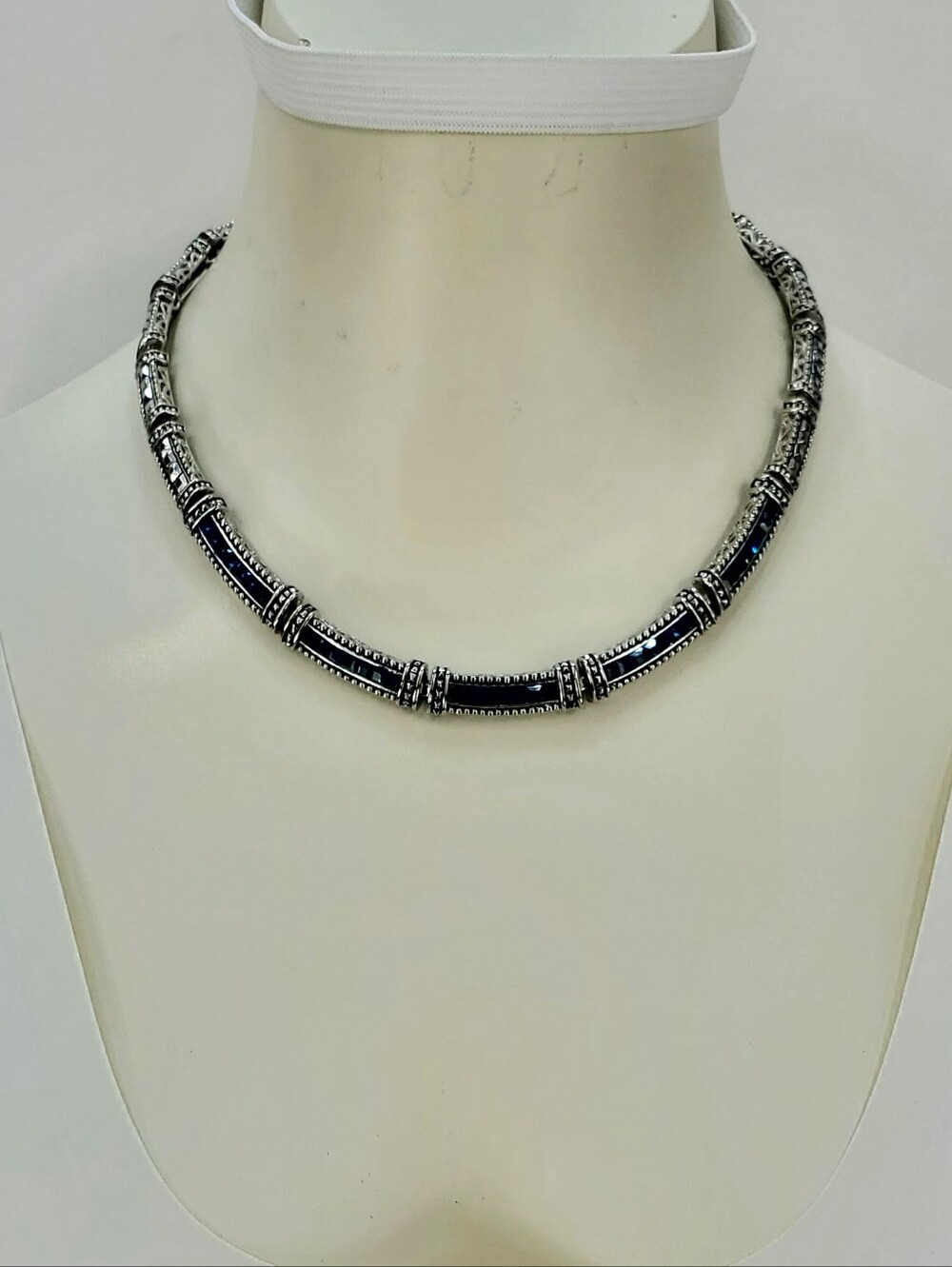 Elegant Blue and Silver Tone Segmented Collar Necklace